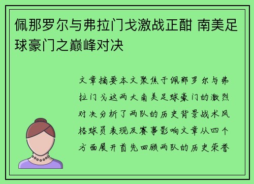 佩那罗尔与弗拉门戈激战正酣 南美足球豪门之巅峰对决