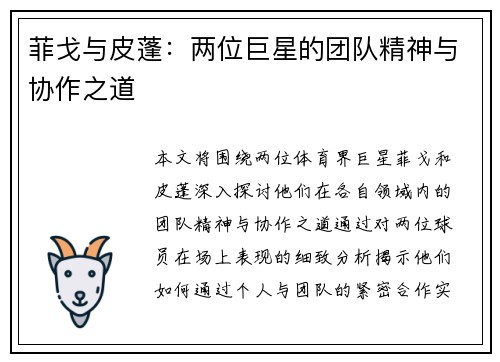 菲戈与皮蓬：两位巨星的团队精神与协作之道